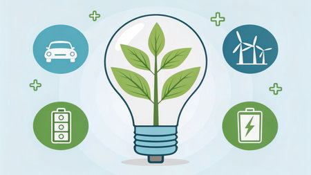 Green energy concept with light bulb, car, battery, and wind turbine iconsの素材