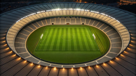 Aerial view of a soccer stadium at night with lights and green fieldの素材