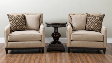 Two beige armchairs with pillows and a dark brown table in between themの素材