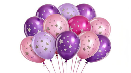 Bunch of pink and purple balloons with stars isolated on white backgroundの素材