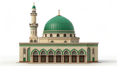 Mosque with green dome isolated on white background in a 3d renderingの素材