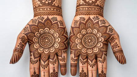 Closeup of hands adorned with intricate henna designs isolated on white backgroundの素材