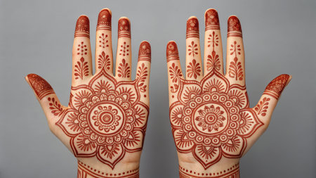 Closeup of hands decorated with intricate henna designs for a celebrationの素材