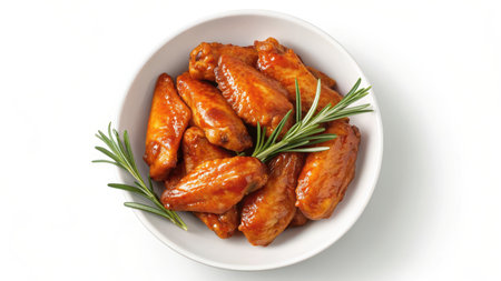 Buffalo chicken wing in bowl isolated on white background, top view shotの素材