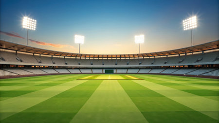 Cricket stadium with green field and floodlights under blue sky at sunsetの素材