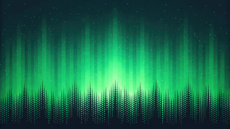 Abstract green aurora borealis background with glowing light and starsの素材
