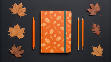 Autumn leaves and orange notebook on black background, flat lay compositionの素材