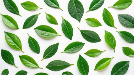 Fresh green leaves arranged in a pattern on a clean white backgroundの素材