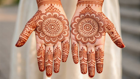 Closeup of hands adorned with henna designs for a wedding celebration eventの素材
