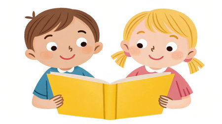 Two happy children reading a book isolated on white backgroundの素材