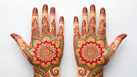 Henna tattoo on womans hands isolated on white backgroundの素材