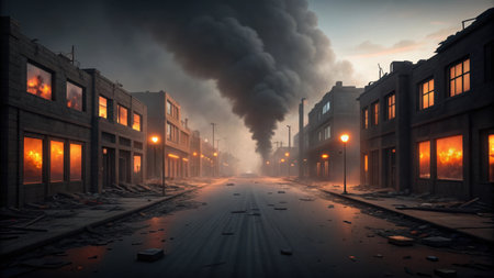 Postapocalyptic city street with smoke and fire after a war disasterの素材