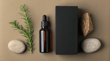 Essential oil bottle with rosemary, box, and stone on a neutral surfaceの素材