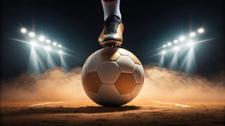 Soccer players foot on a ball in a stadium under bright spotlightsの素材