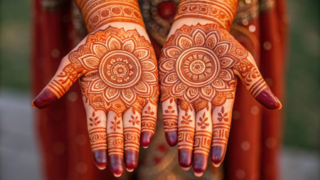 Henna tattoo on womans hands with traditional indian floral ornamentの素材