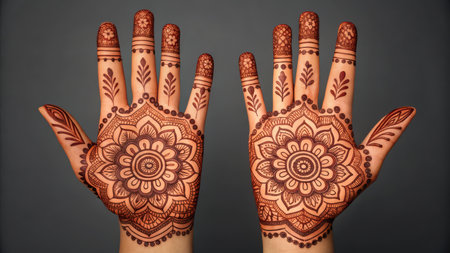 Hands decorated with henna, showcasing traditional indian art and cultural beautyの素材