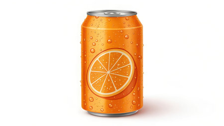 Orange soda can with water droplets isolated on white backgroundの素材