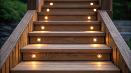 Outdoor wooden staircase with lighting in the evening for garden decorationの素材