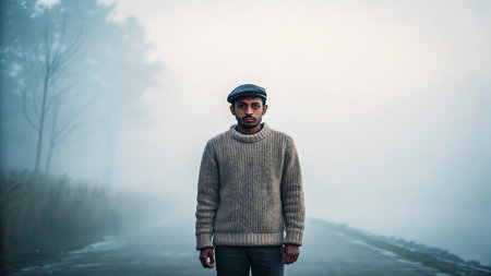 A man in a sweater stands on a foggy road looking at the cameraの素材