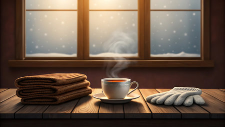 Cozy winter scene with hot drink, blanket, and gloves by the windowの素材
