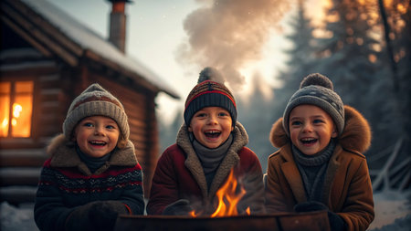 Three happy children around a campfire in winter near a wooden houseの素材