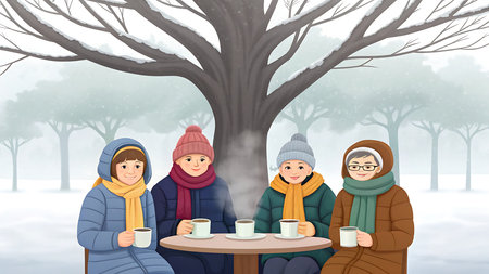Four women enjoying hot drinks together in a snowy park during wintertimeの素材