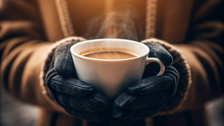 Close up of a person holding a cup of hot coffee in winter glovesの素材