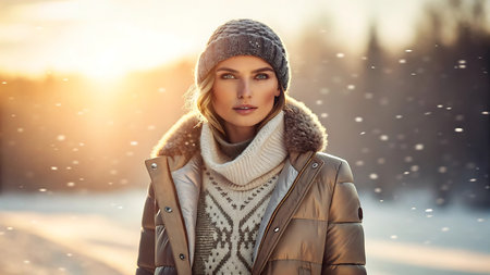Beautiful woman in winter clothing standing in snowy landscape at sunsetの素材