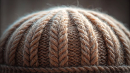 Closeup of a knitted wool beanie hat with a blurred backgroundの素材