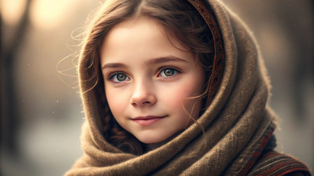 Portrait of a cute little girl with a scarf wrapped around her headの素材