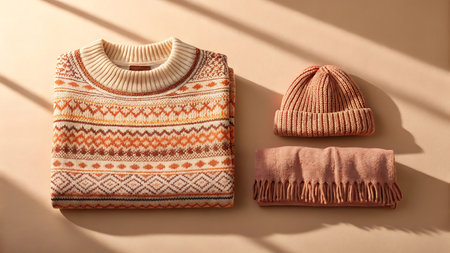 Folded sweater, beanie, and scarf on a neutral background with shadowsの素材