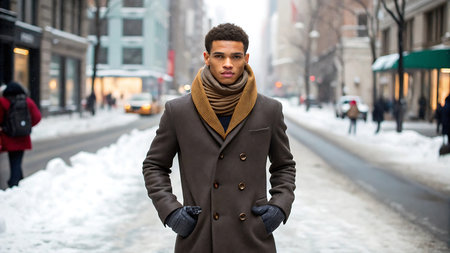 A handsome man in a coat and scarf walks down a snowy city streetの素材