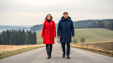 Couple in stylish winter coats walking on a road in the countrysideの素材