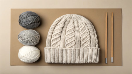 Knitted hat with yarn and knitting needles on beige background, top viewの素材
