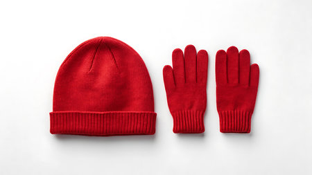 Red knitted hat and gloves isolated on white background, winter accessoriesの素材
