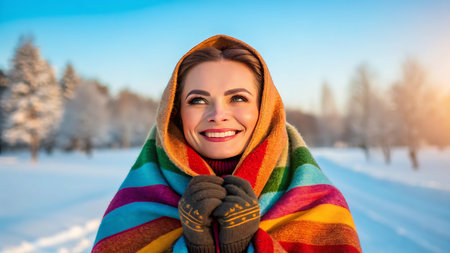Smiling woman wrapped in colorful blanket enjoying winter day outdoorsの素材