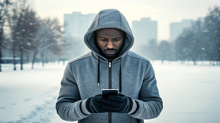 Man in hooded sweatshirt using smartphone on snowy day in the city parkの素材