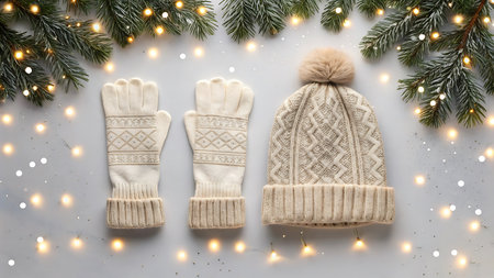 Knitted hat and mittens with fir tree branches and christmas lightsの素材