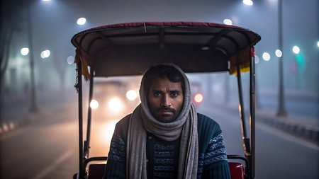 Rickshaw driver in delhi, india on a foggy winter morning in the cityの素材
