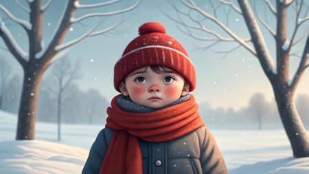 A cute boy with a red hat and scarf stands in the snowy winter landscapeの素材