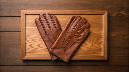 Pair of brown leather gloves on a wooden tray and table, top viewの素材