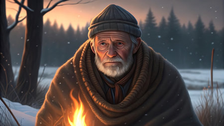 An old man warms himself by the fire in a snowy winter landscapeの素材