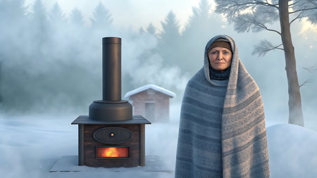 Senior woman wrapped in a blanket stands near a stove in a snowy landscapeの素材
