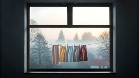 Laundry hanging on a clothesline seen through a window in winter dayの素材