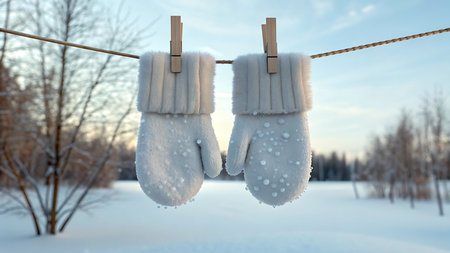 Winter mittens hanging on a rope in a snowy landscape on a sunny dayの素材