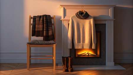 Cozy winter scene with fireplace, sweater, scarf, chair and boots indoorsの素材