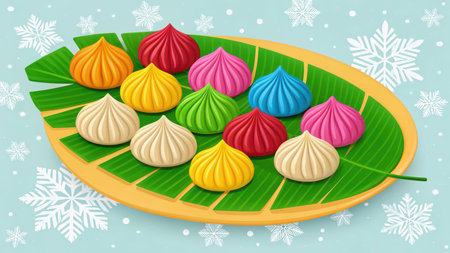 Colorful modak sweets on banana leaf, traditional indian dessert for festivalの素材