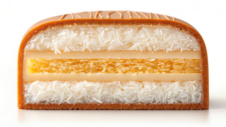 Delicious mooncake cut in half isolated on white background, close up shotの素材