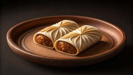 Two delicious marzipan pastries filled with sweet jam on a wooden plateの素材