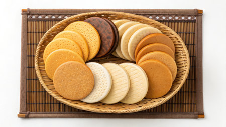 Assortment of round cookies with different flavors isolated on white backgroundの素材